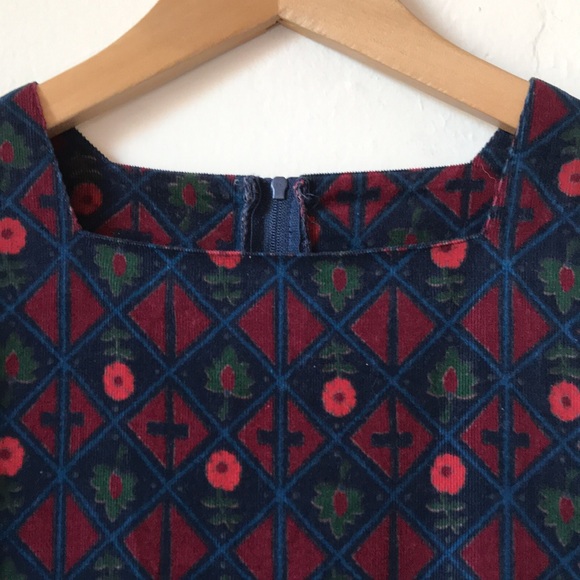 Laura Ashley Vintage Diamond/Floral Corduroy Dress Navy/Red/Green w/Belt Sz US 8 - Picture 12 of 17